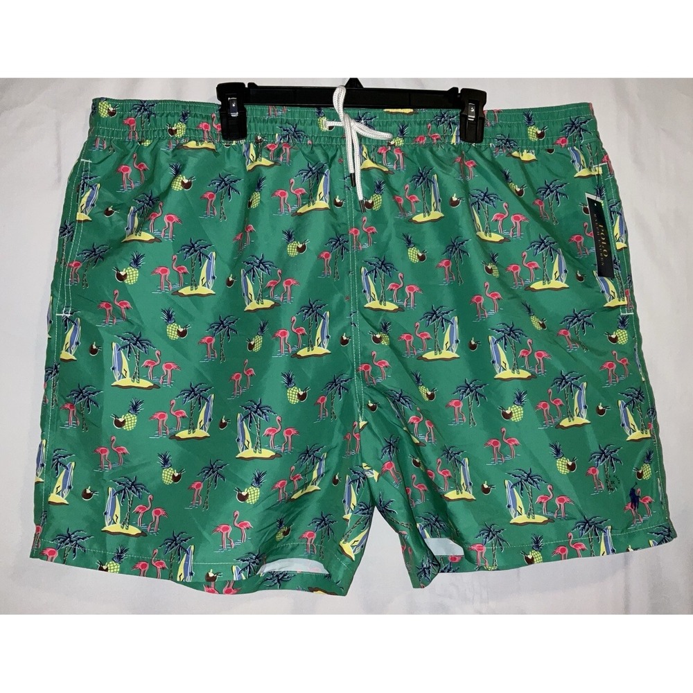 NWT Men's Polo Ralph Lauren Green‎ Tropical Print Lined Swim Trunks 3XB Big